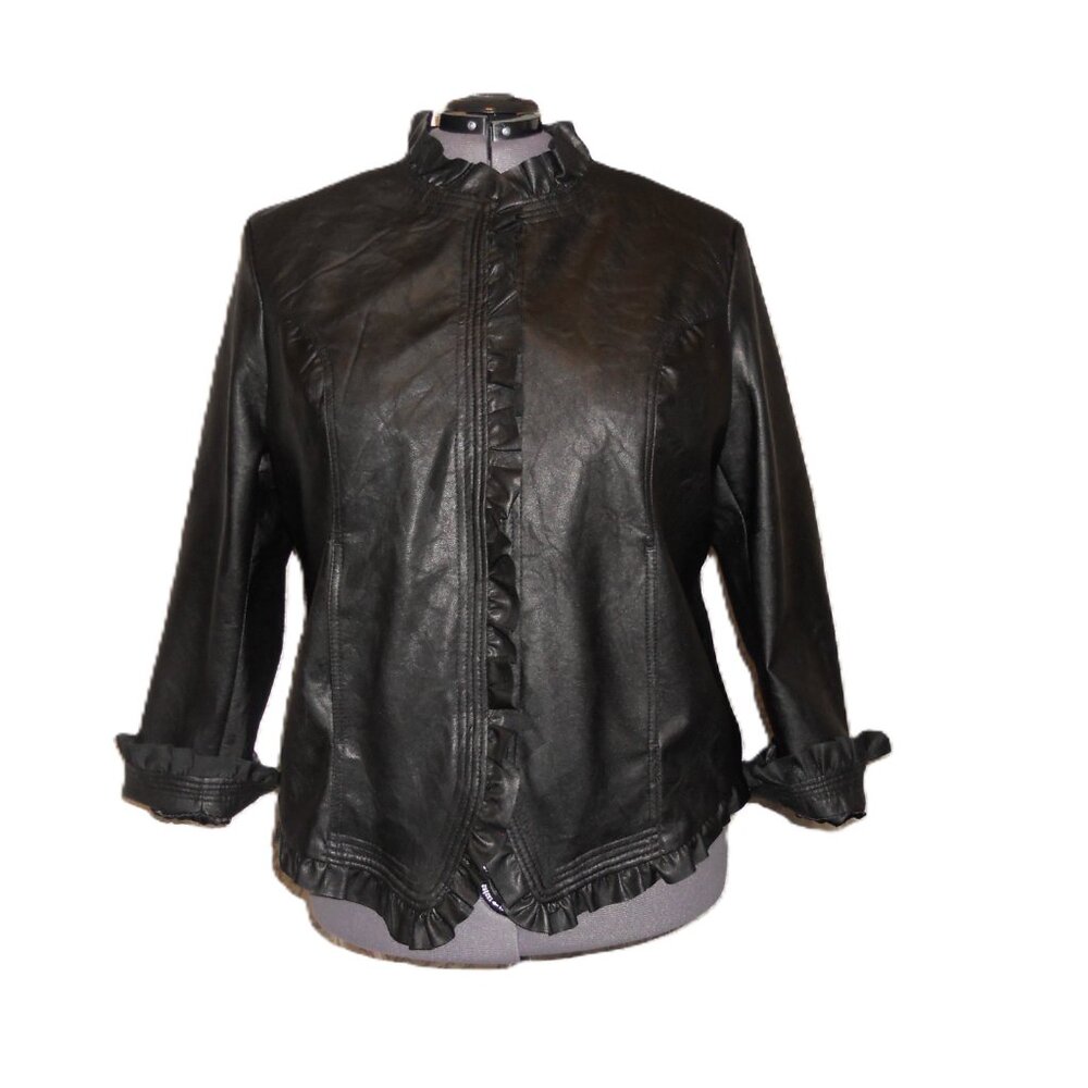 Hot in Hollywood 2X Black Faux Leather Jacket Ruffle Details